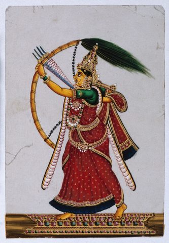 Rati, Hindu goddess of love, shooting arrows with her bow. Gouache painting an Indian artist.